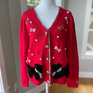 Vintage Jack B. Quick Red Plaid Dog Embroidered Cardigan Sweater Size Medium